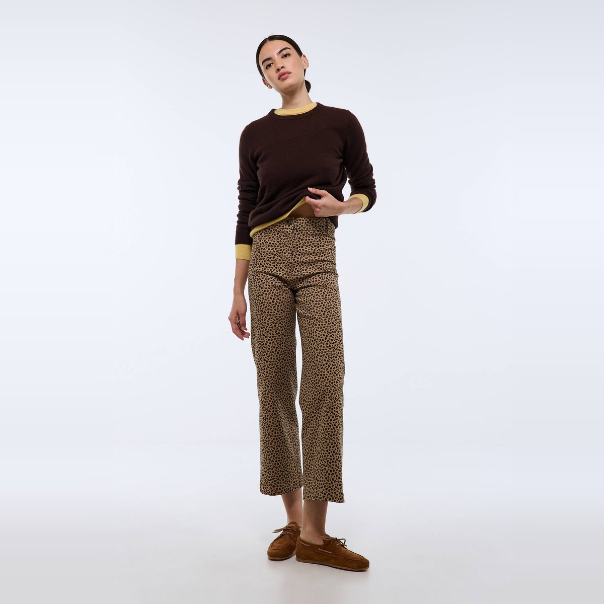 Pantalon large taille haute imprimé léopard contenant du coton marmotte, MONOPRIX