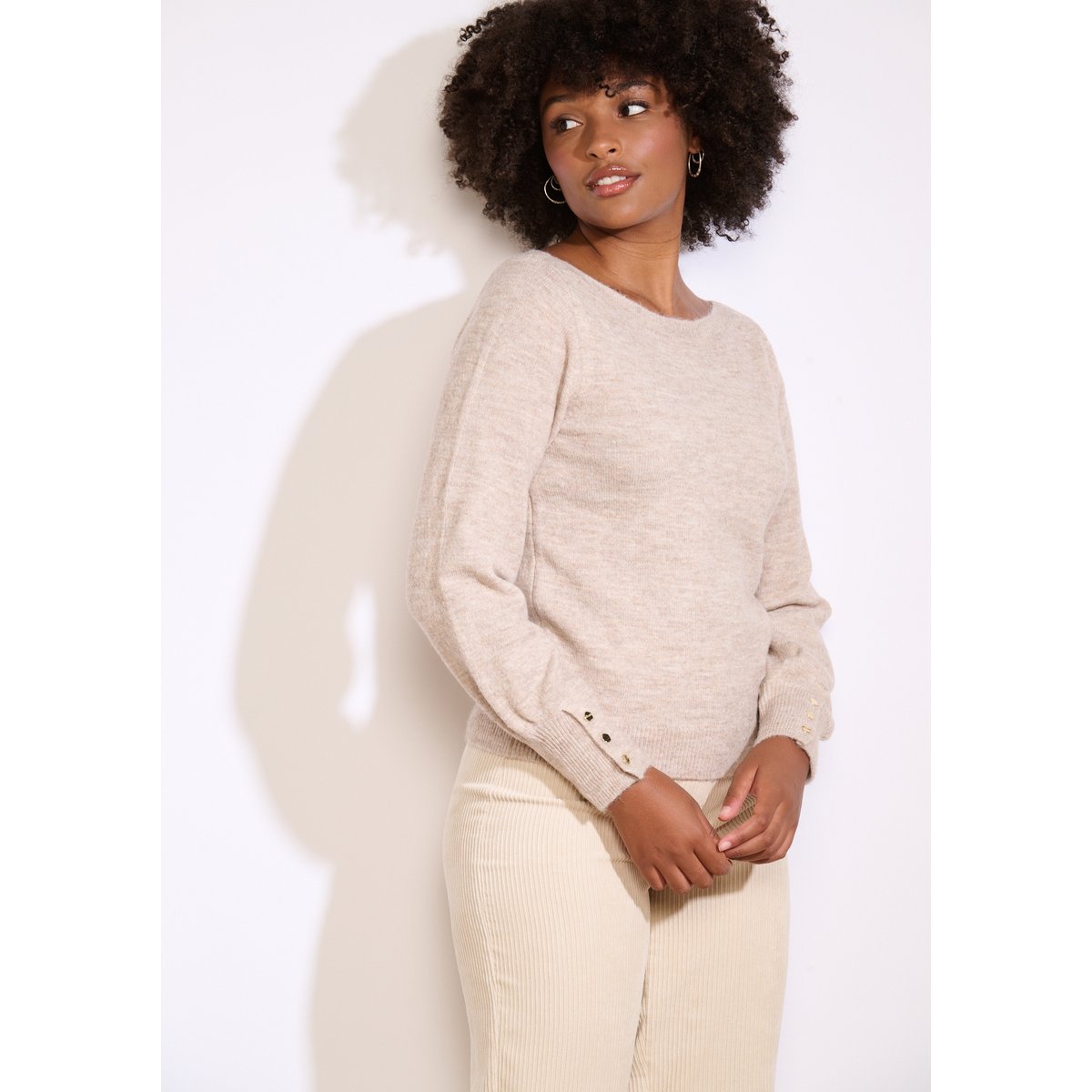 Pull manches détail boutons beige chine, LOLALIZA