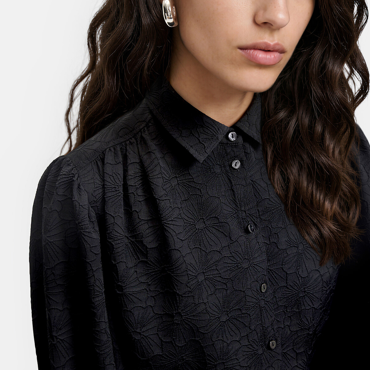 Chemise brodée, à manches longues bouffantes noir, LA REDOUTE COLLECTIONS