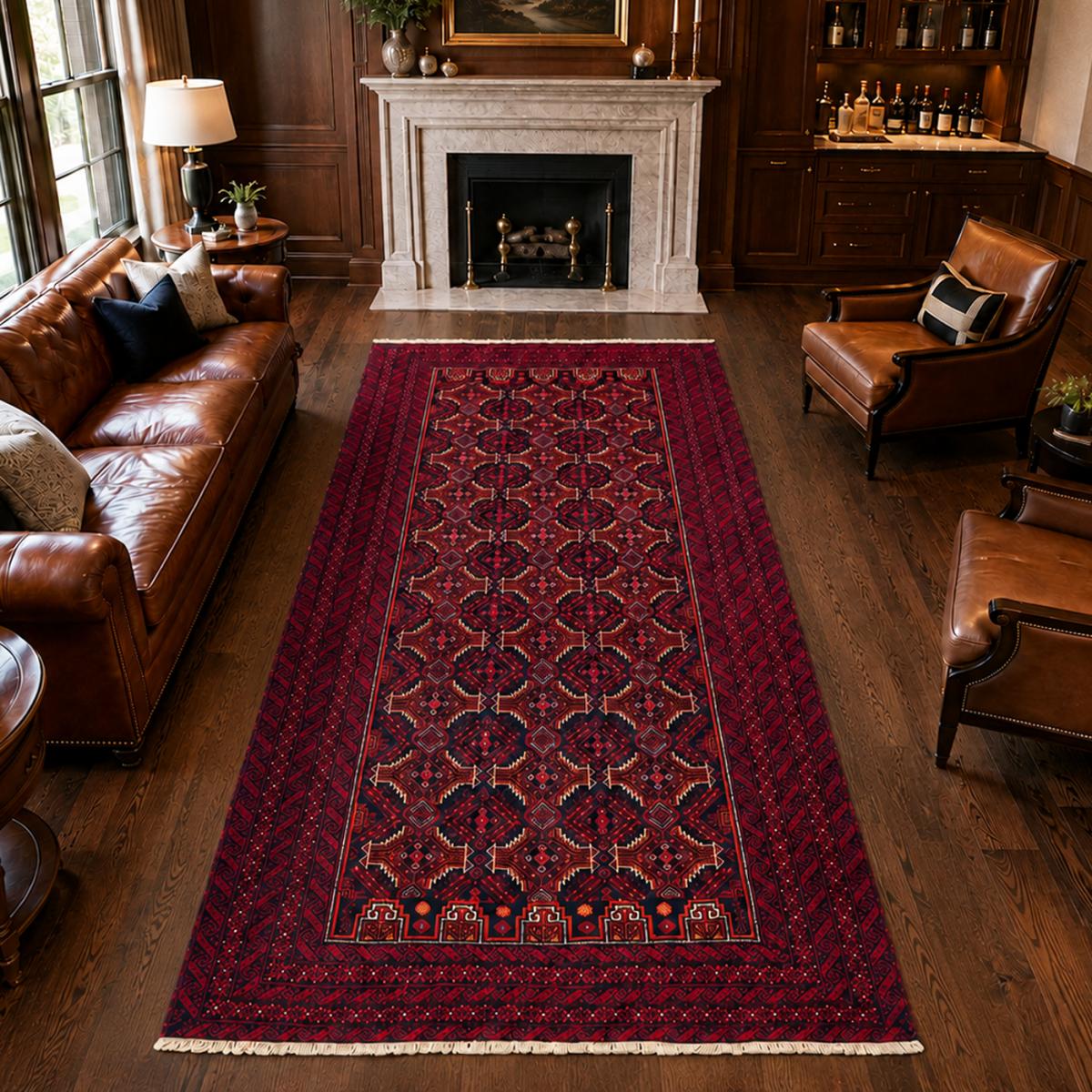 Tapis salon au motif traditionnel, noué à la main, BALUTSCH 8 bordeaux, noir, rouge, UN AMOUR DE TAPIS