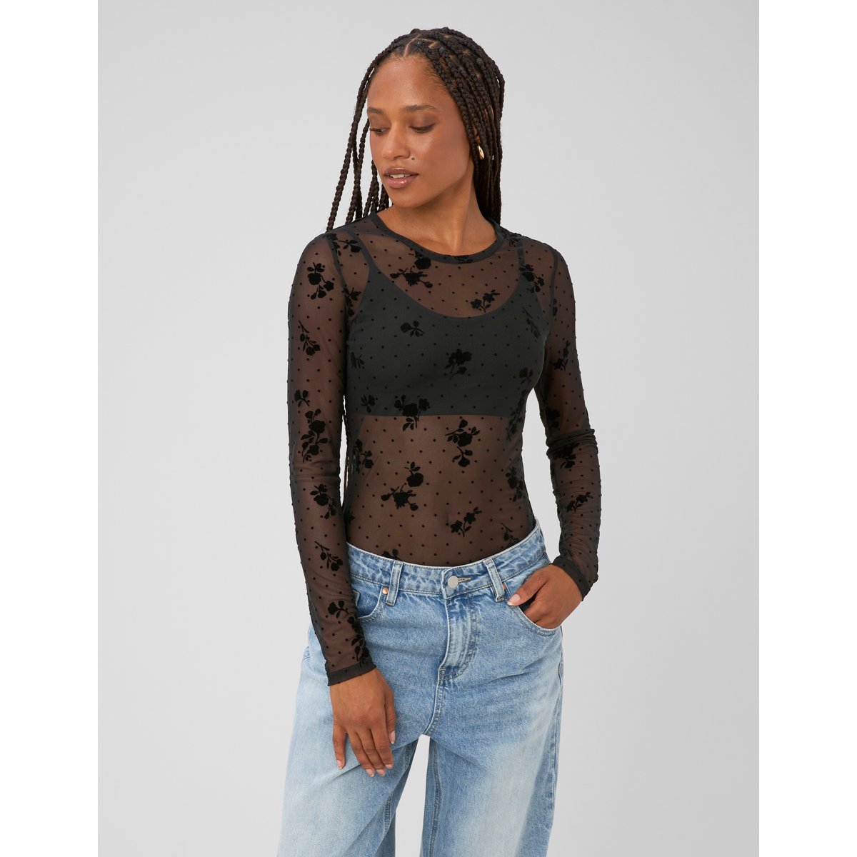 T-shirt résille manches longues noir, BZB