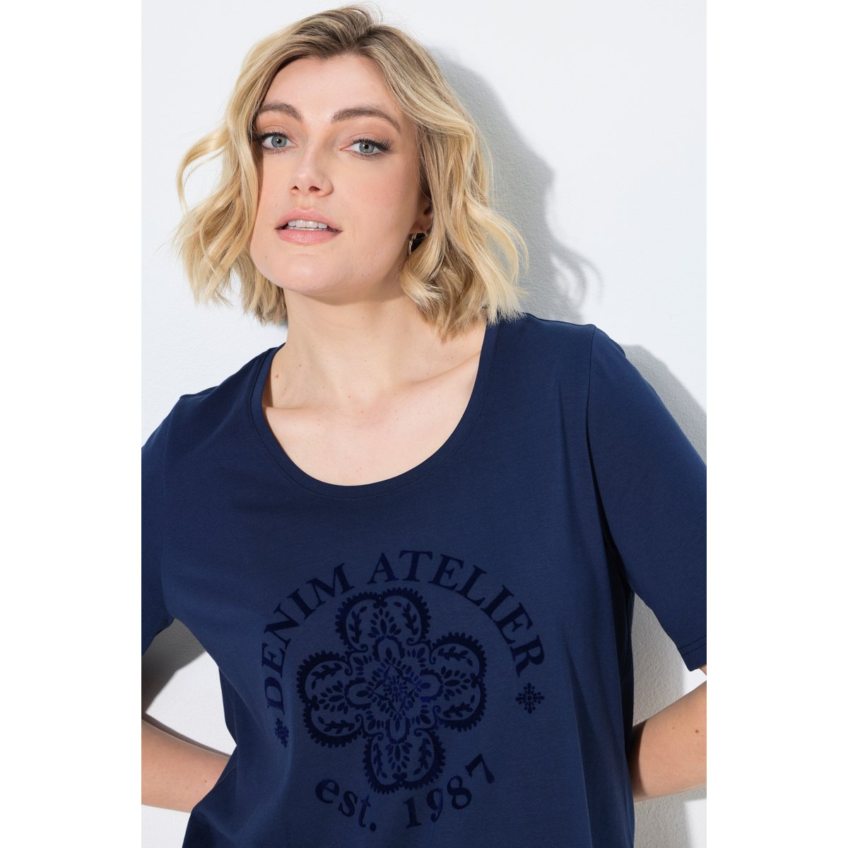 T-shirt imprimé floqué bleu encre, ULLA POPKEN
