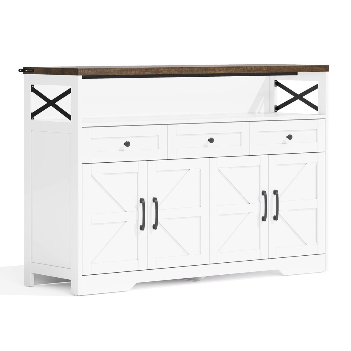Armoire de rangement avec 4 portes 3 tiroirs et 3 couches, ALBINA Armoire blanc et noyer, MEUBLES COSY