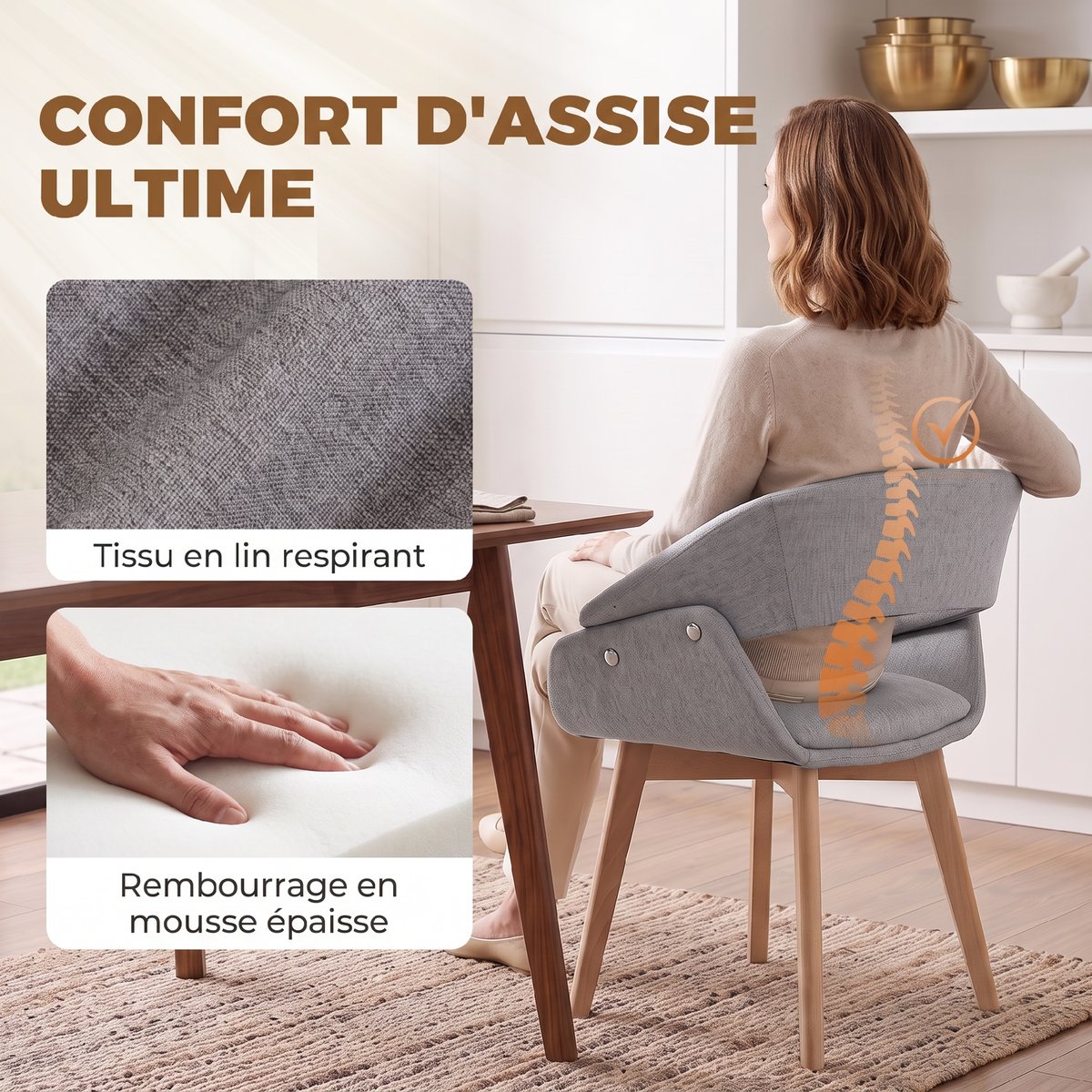 Chaise de salle à manger Tissu aspect lin gris clair, bois naturel, HOMCOM
