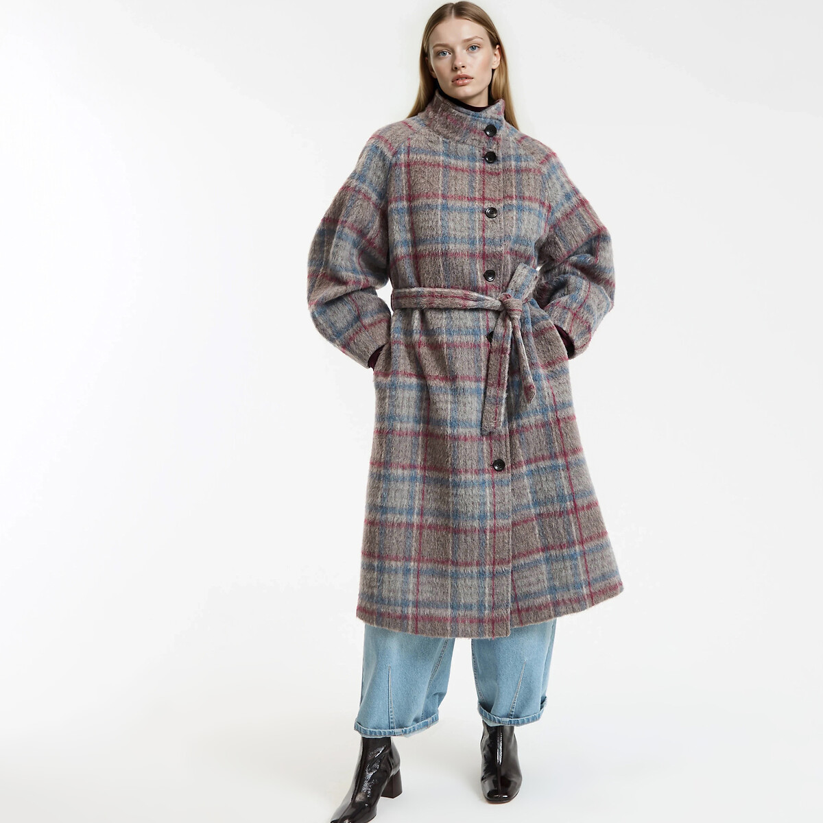 Checked Long Winter Coat with Tie-Waist blue/grey checks, LA REDOUTE COLLECTIONS