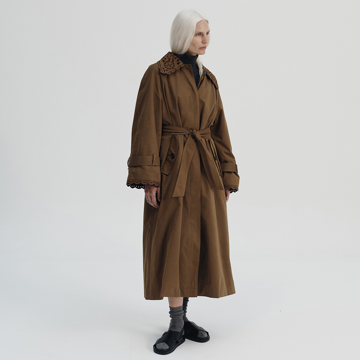 Long Trench Coat with Belt and Button Fastening dark beige, La Redoute Collections x Louise Misha