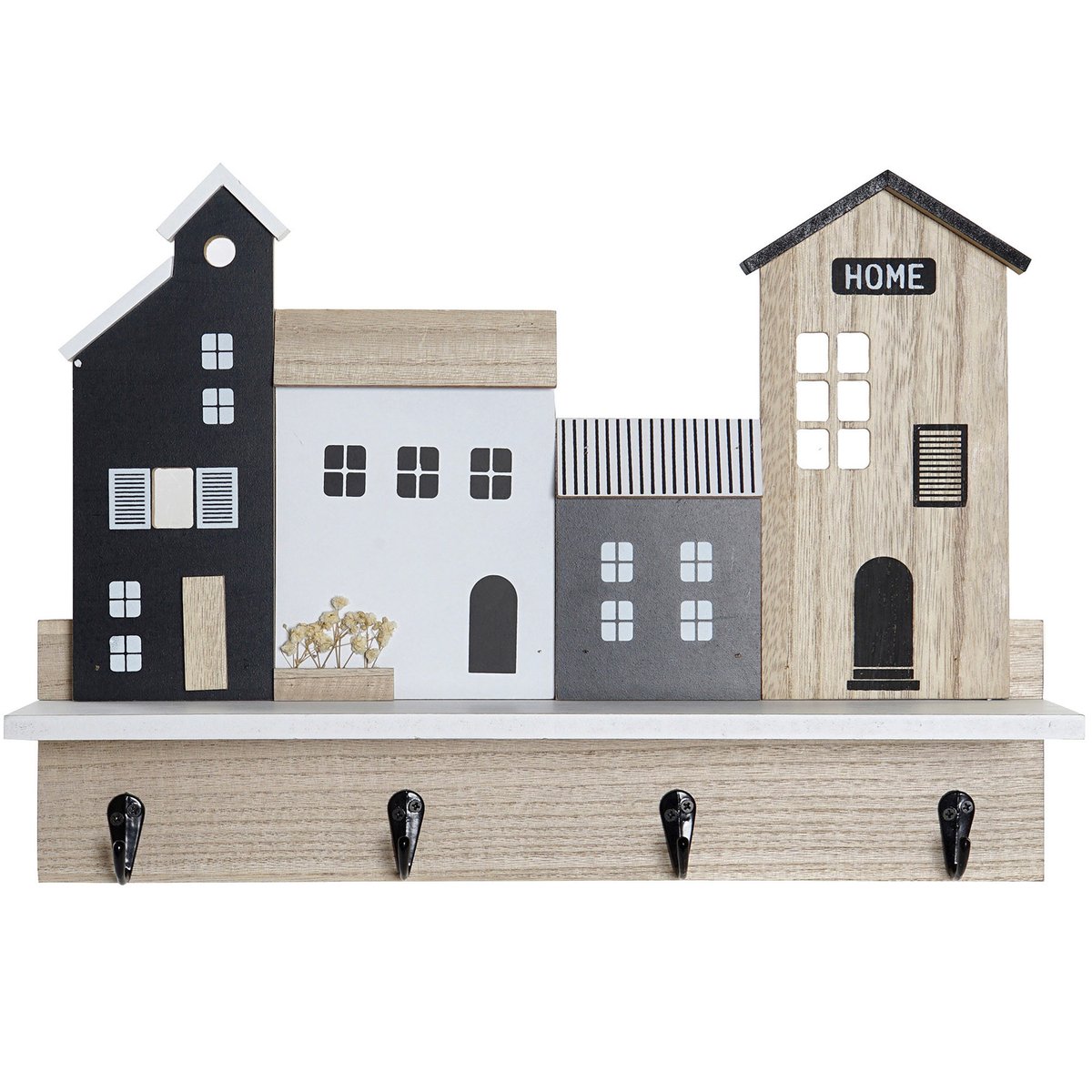 Portemanteau mural bois maisons avec 1 étagère bois, WADIGA