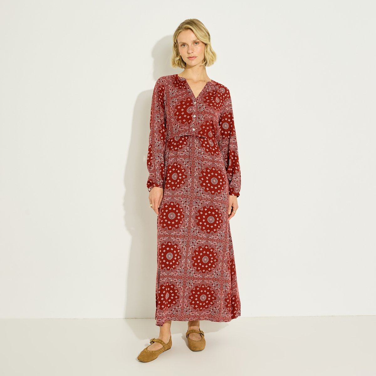 Robe longue bohème à imprimé bandana orange bordeaux, GRAIN DE MALICE