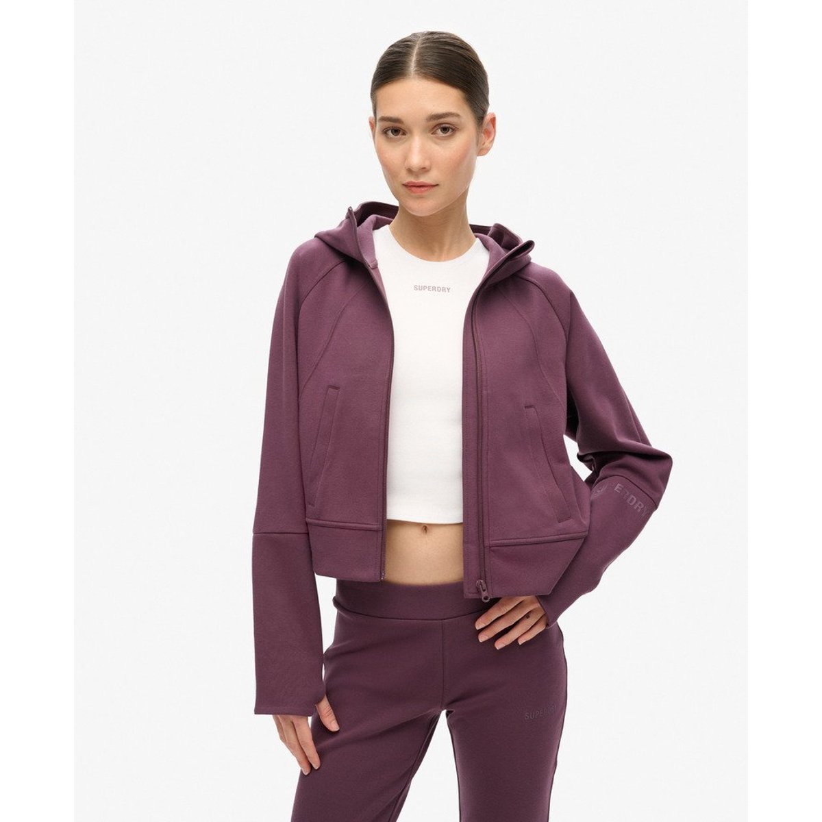 Sweat à capuche zippé Sport Tech Relaxed violet aubergine fumé, SUPERDRY