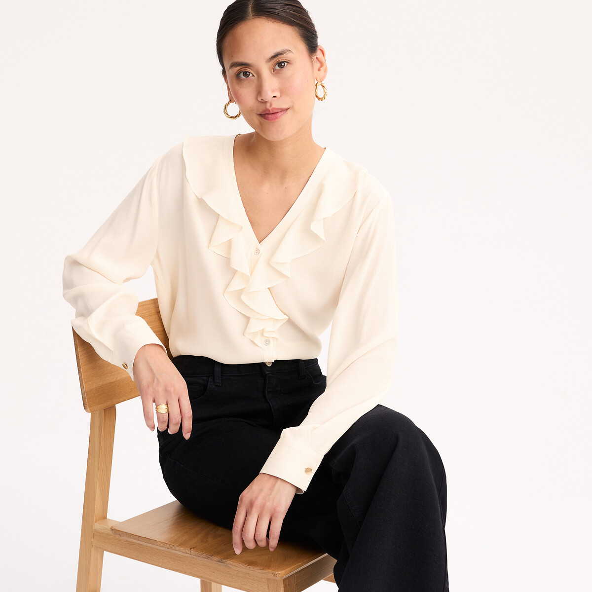 Camicetta Con Scollo A V Volant E Maniche Lunghe Abbigliamento Accessori Camicie Top La Redoute