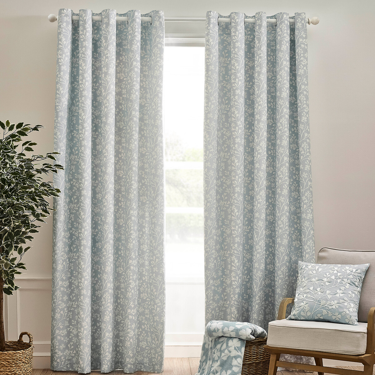 Brooke Floral Lined Eyelet Curtains duck egg blue, CATHERINE LANSFIELD