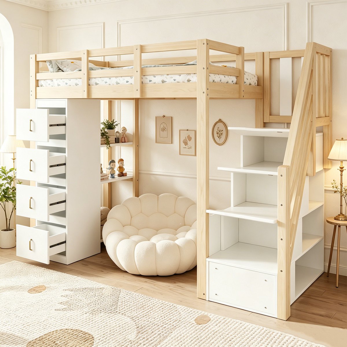 Lit mezzanine avec rangement, LOFTCOVEB blanc, MEUBLES COSY