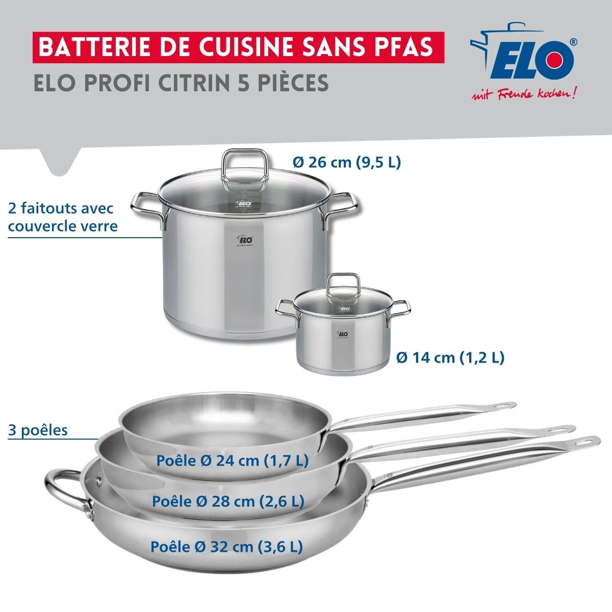 Batterie 3 poêles 24/28/32cm + 2 faitouts 14/26cm PROFI CITRIN gris, ELO