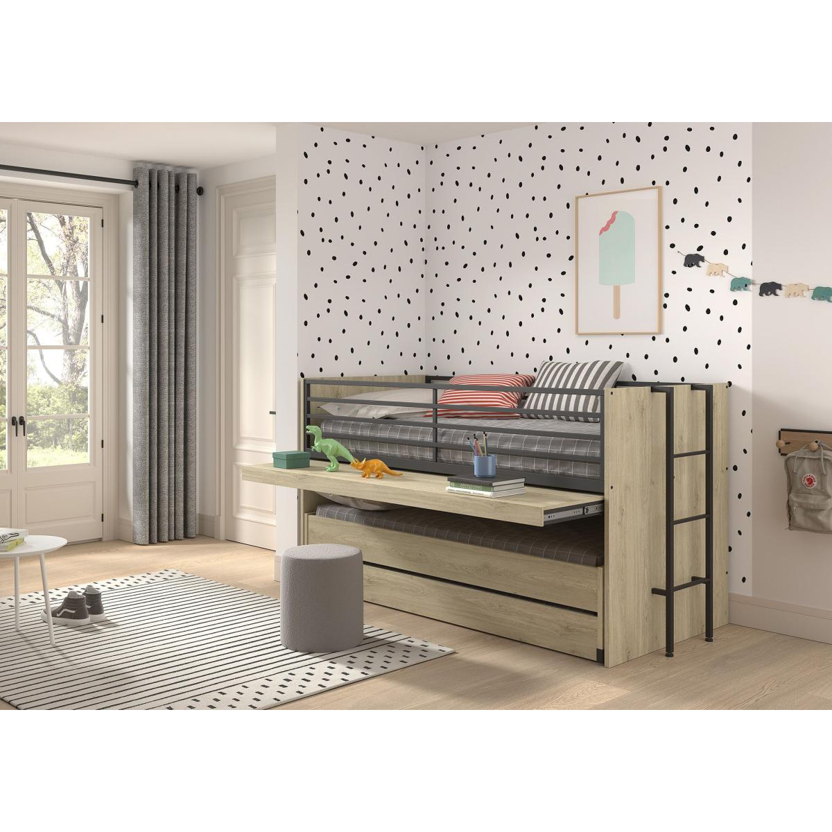 Lit mi-haut 90x200 sam avec gigogne marron, VIPACK