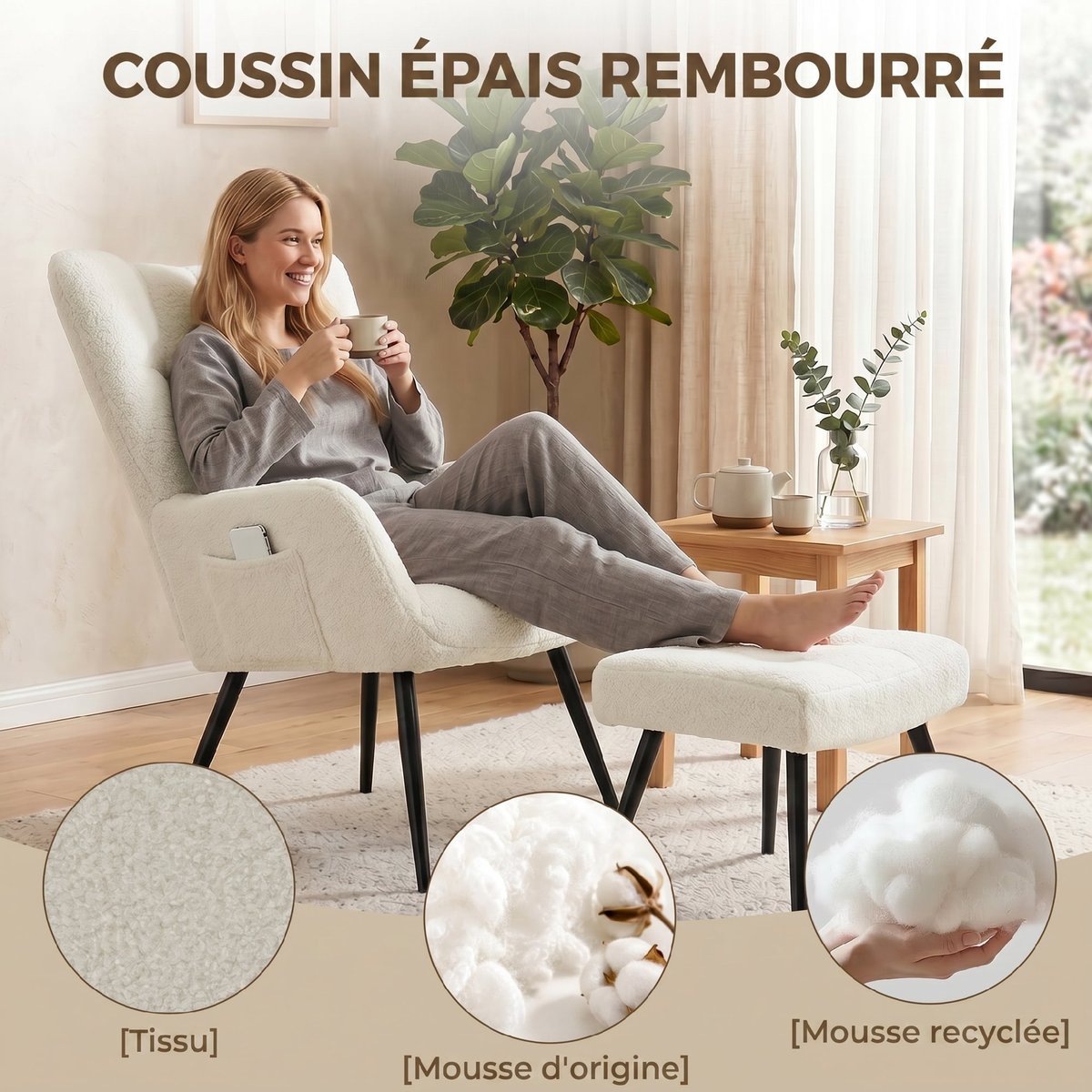 Fauteuil d'appoint avec repose-pieds Peluche beige, HOMCOM