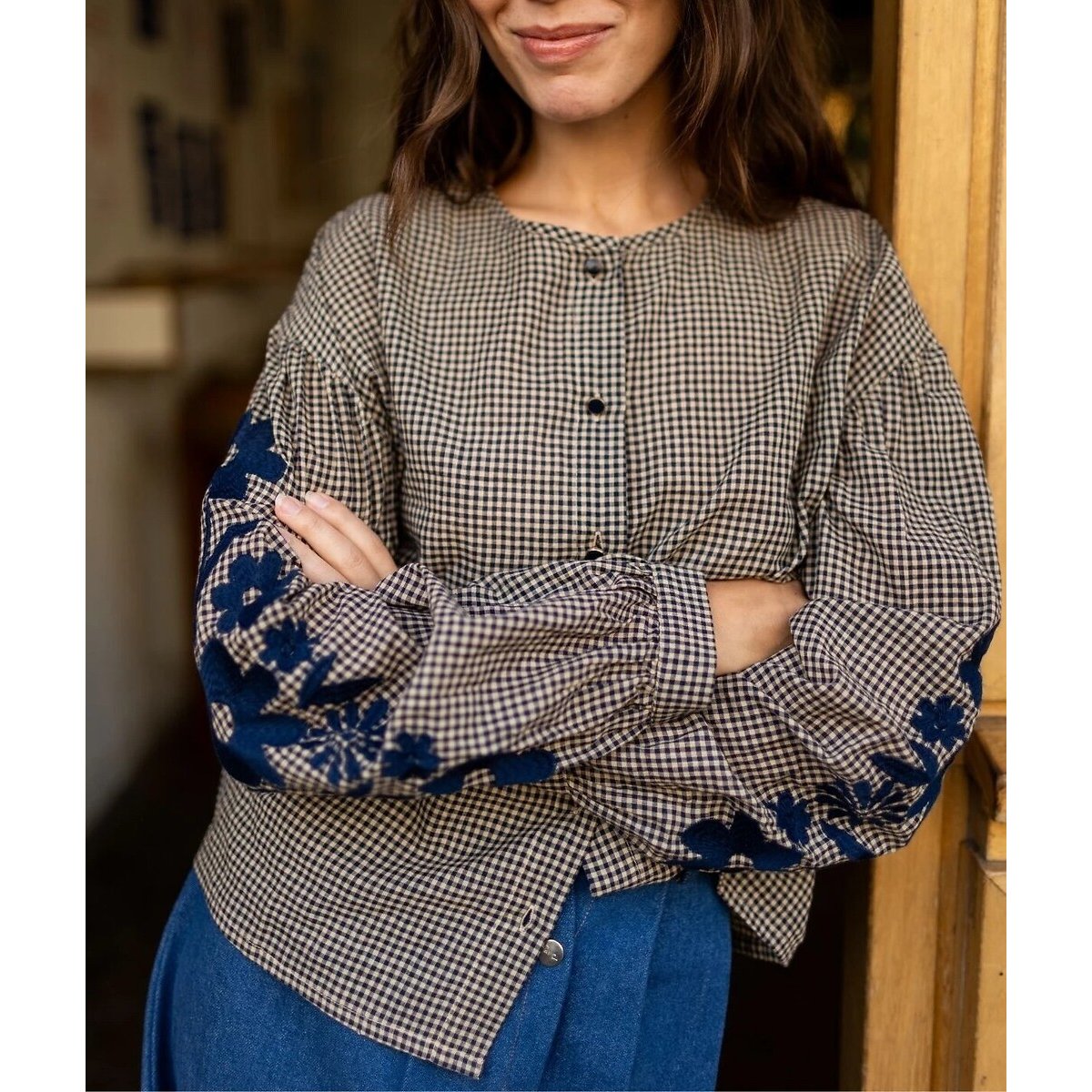 Binu Checked Embroidered Blouse check print, APACHES COLLECTIONS