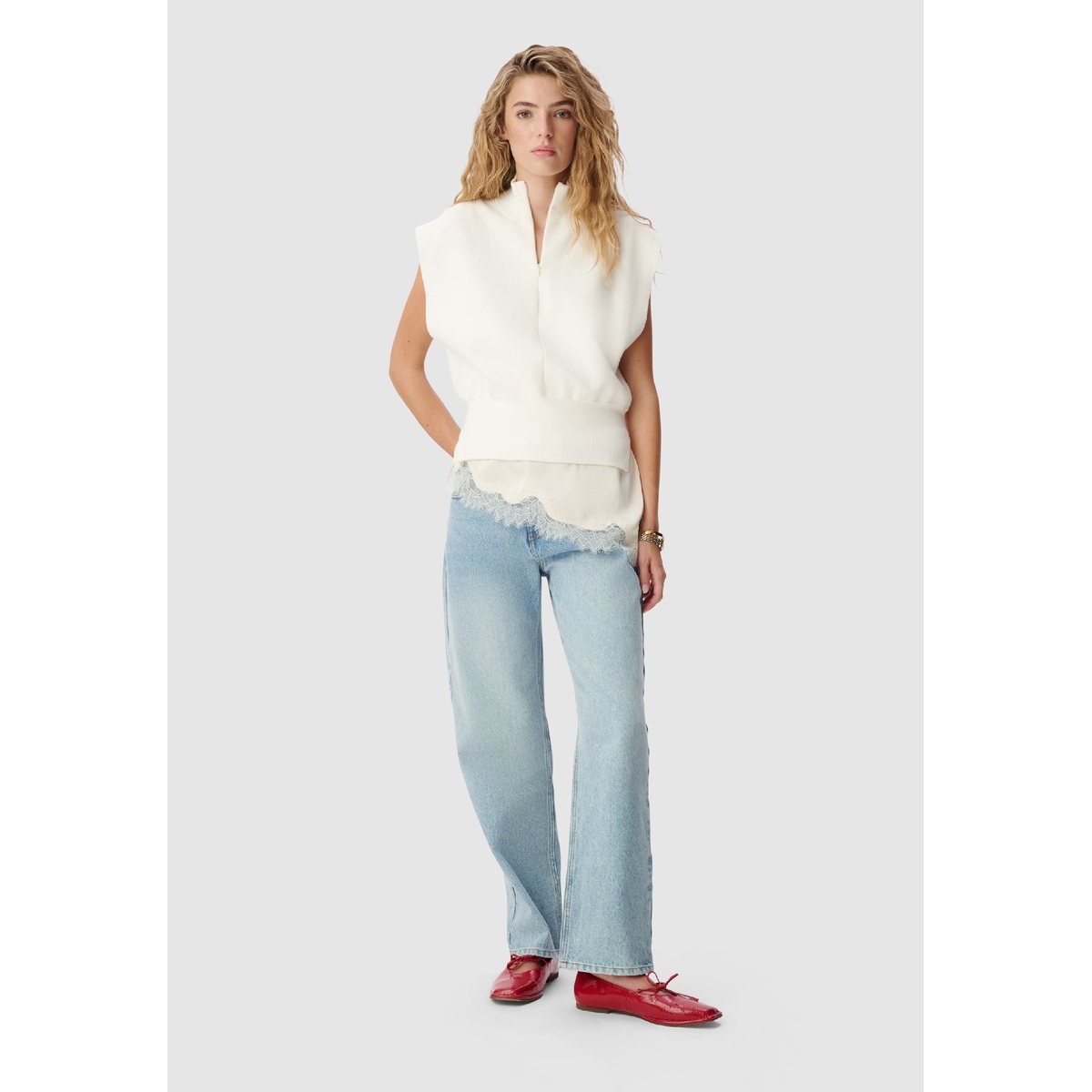 Pull sans manches tricot col camionneur blanc cassé, IKKS