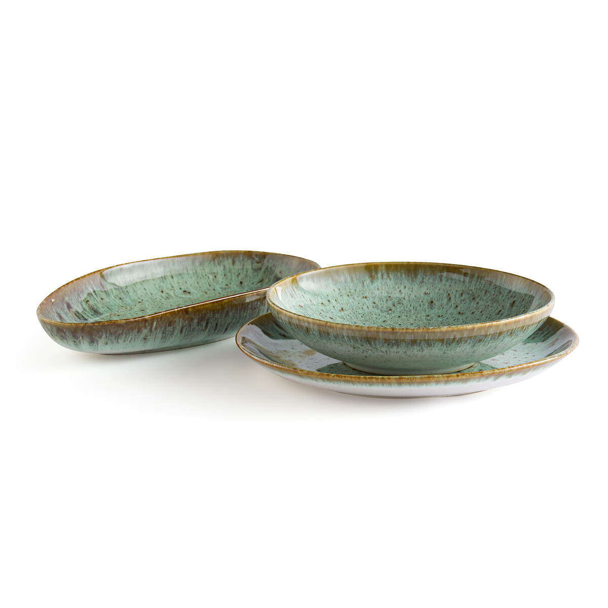 Lot de 4 assiettes creuses grès émaillé, Fara kaki/bleu, AM.PM