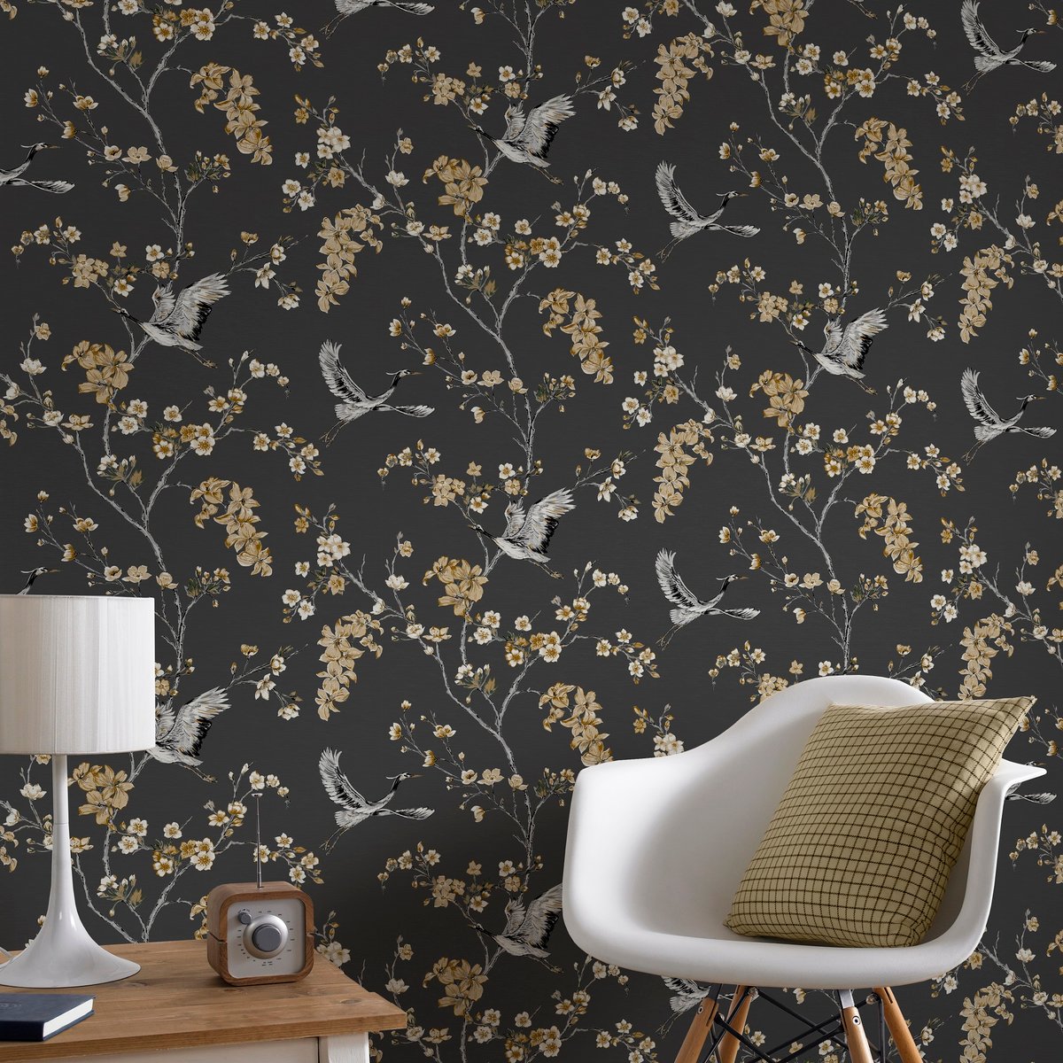 Papier peint foncé Oiseaux Grues ALEXA gris, SUPERFRESCO EASY
