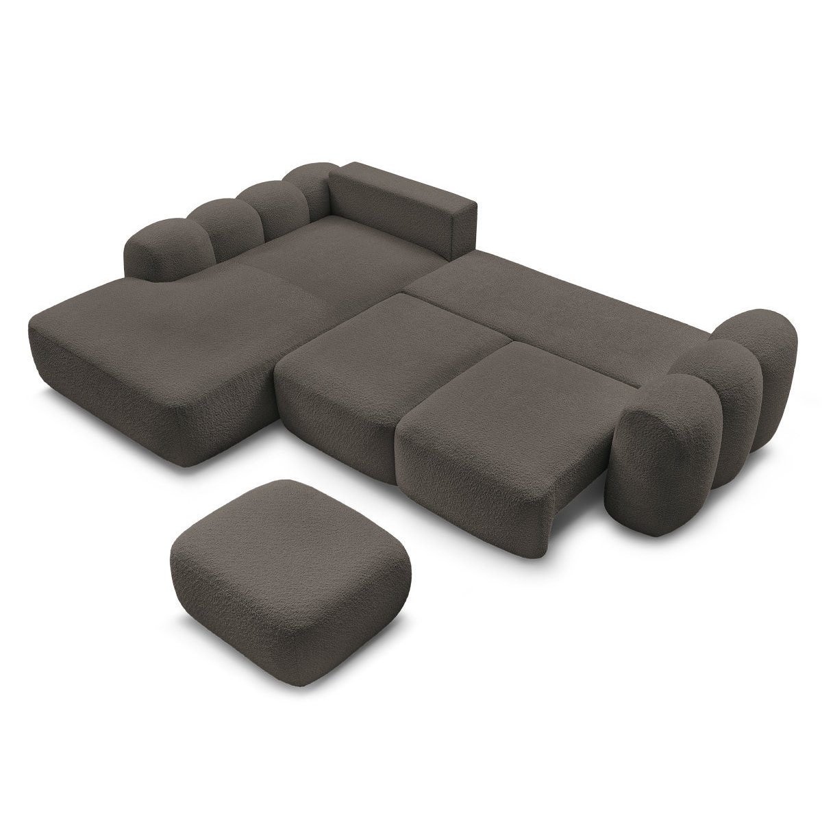 Canapé d'angle convertible 3 places en tissu bouclette avec pouf, MONTAIGNE marron, BOBOCHIC