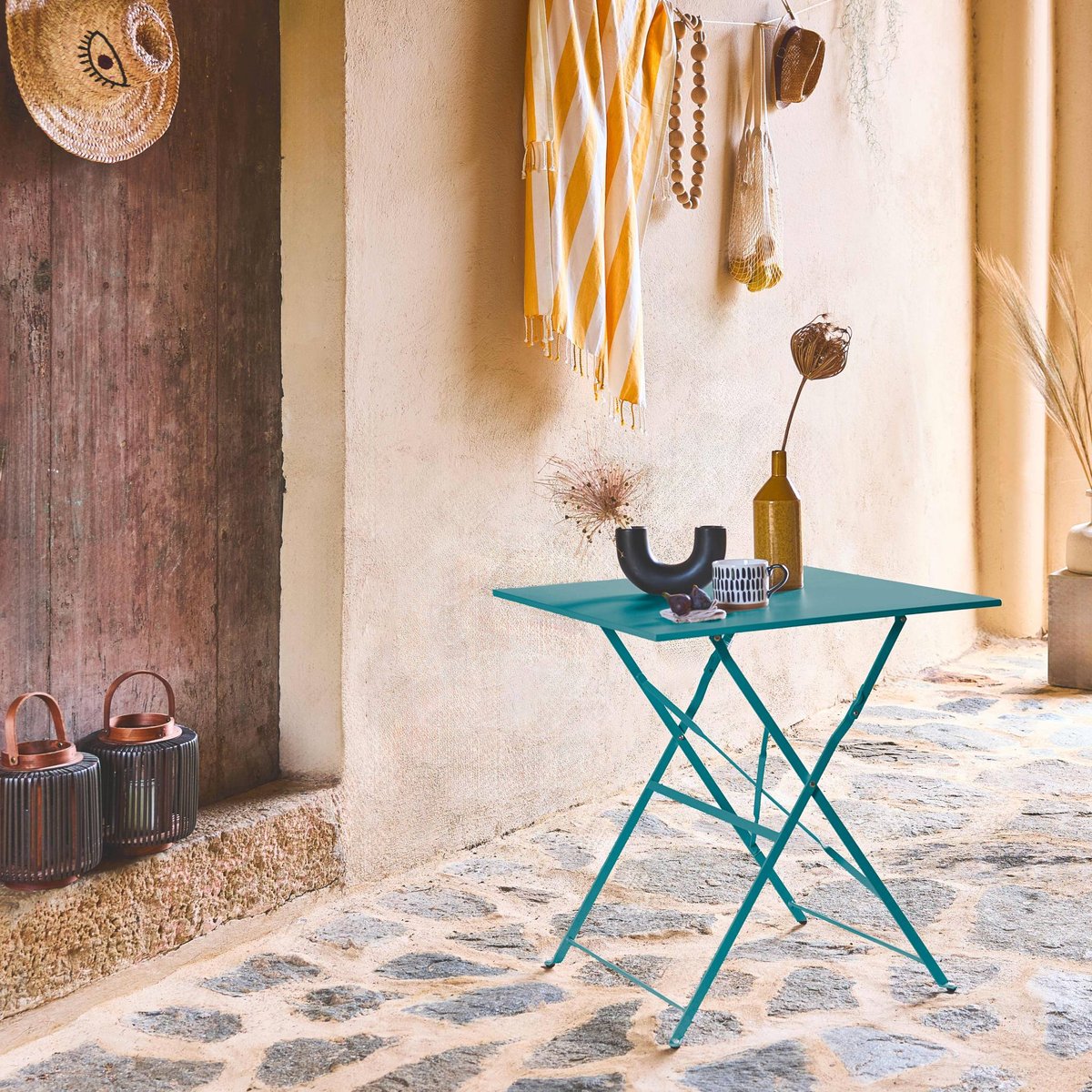 Table de jardin bistrot pliante métal + 2 assises EMILIA bleu canard, SWEEEK