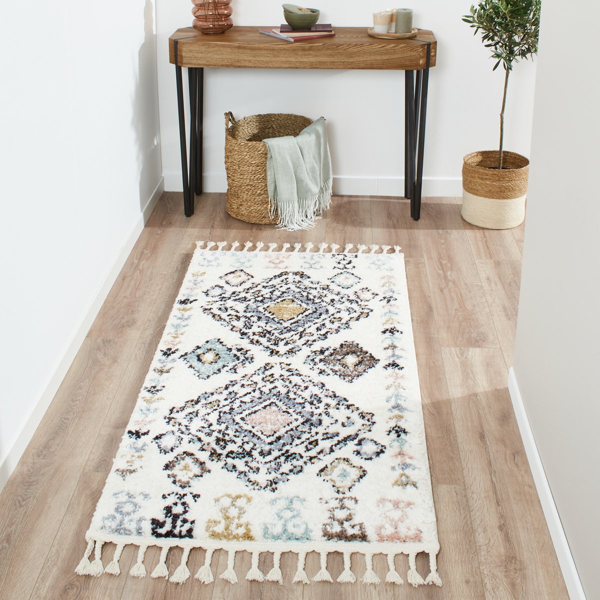 Tapis de salon géométrique à franges DELYA crème, NAZAR RUGS