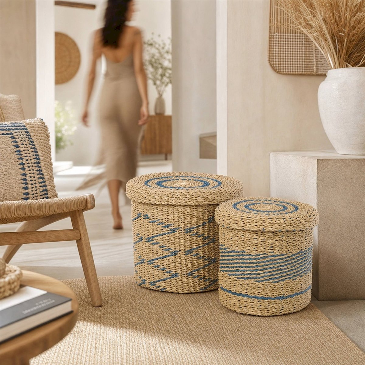 Lot de 2 paniers ronds avec couvercle naturel et bleu, RECOLLECTION