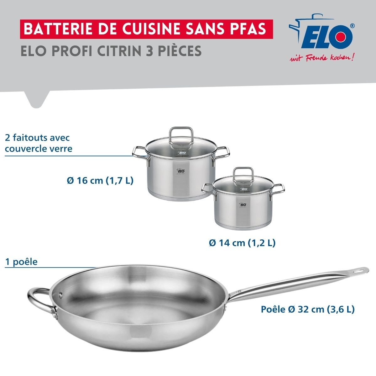 Batterie 1 poêle 32cm + 2 faitouts 14/16cm PROFI CITRIN gris, ELO