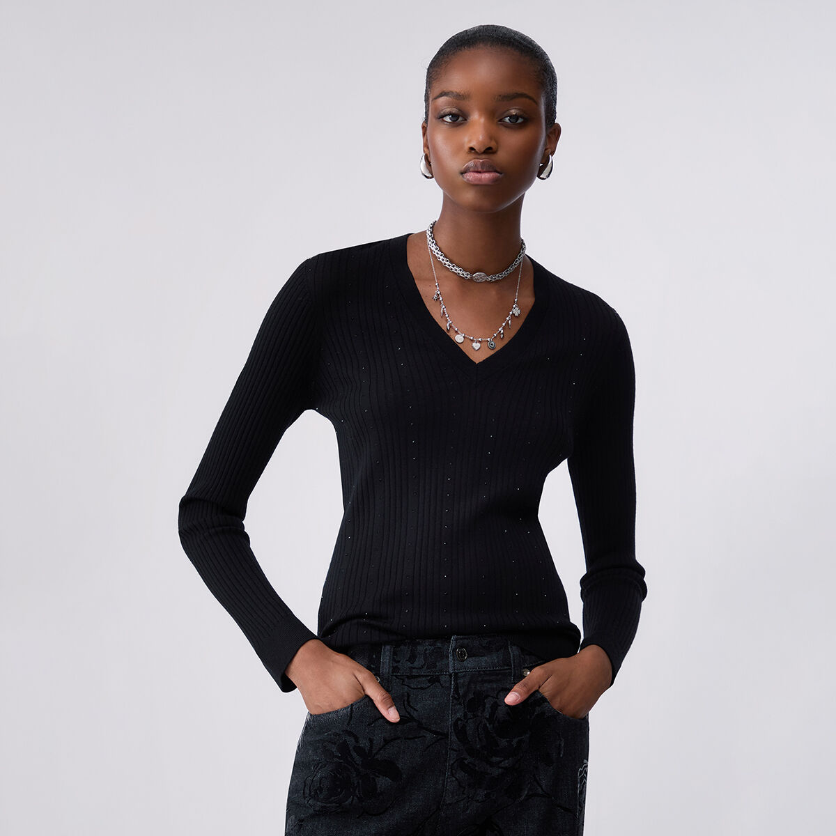 Pull en laine à col en V noir, LIU JO