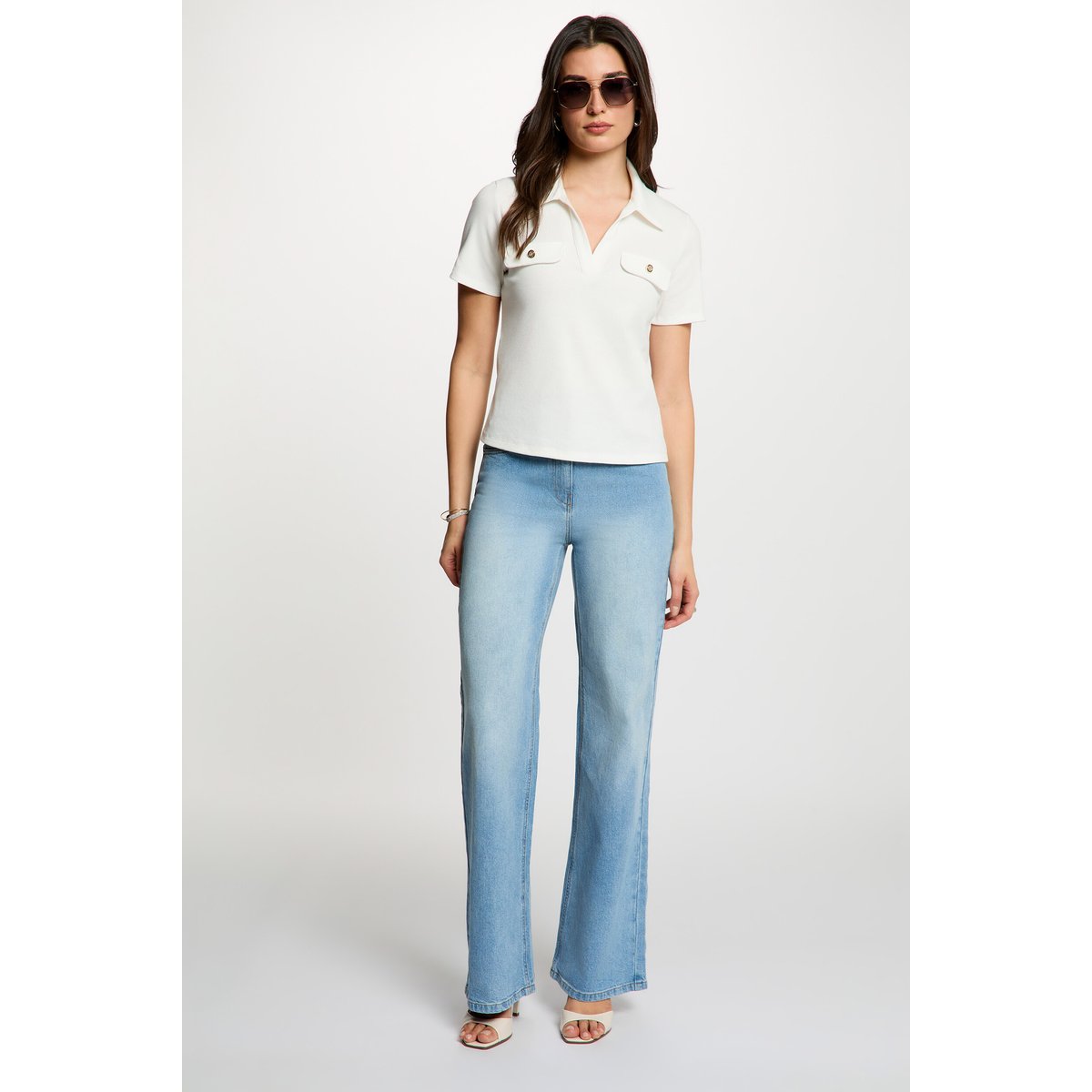 Tshirt manches courtes col polo blanc, MORGAN