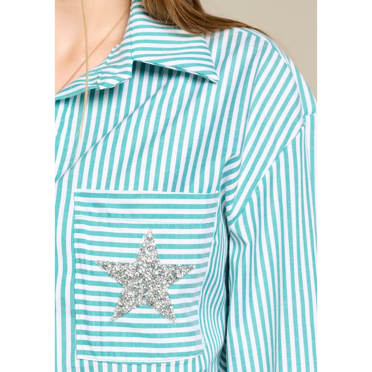 Chemise rayée détail étoile vert pomme, LOLALIZA