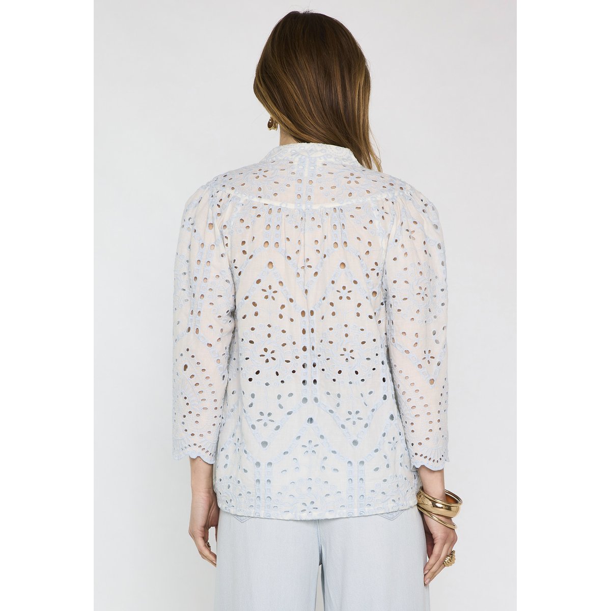 Blouse brodée à manches larges en coton DESILIA glacier, Maison 123