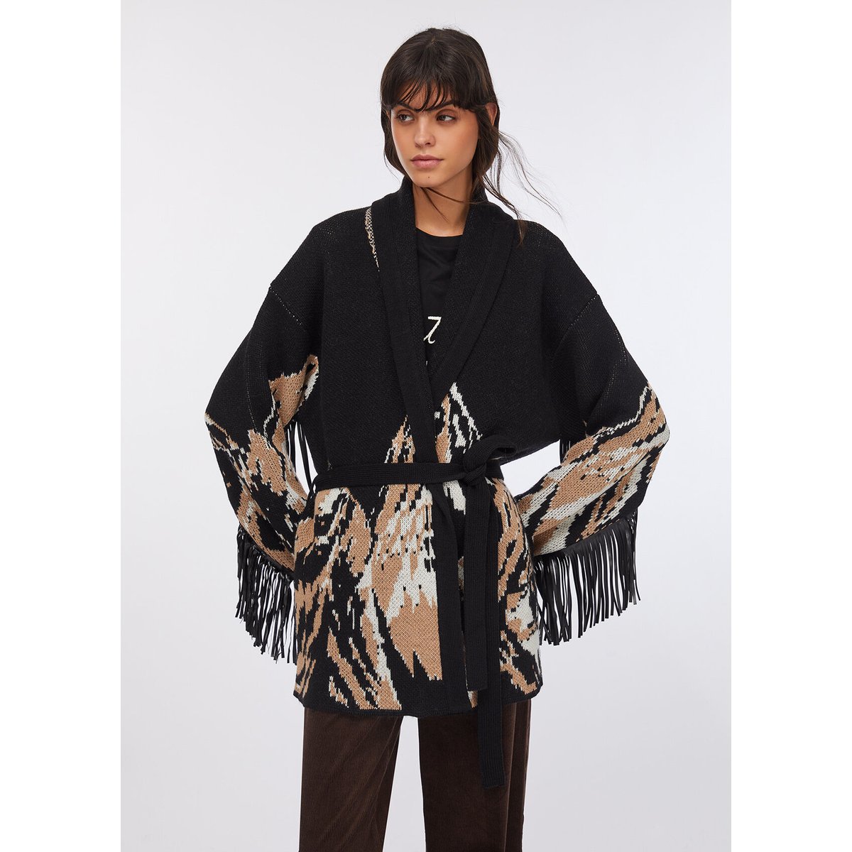 Cardigan en jacquard à franges noir, LIU JO