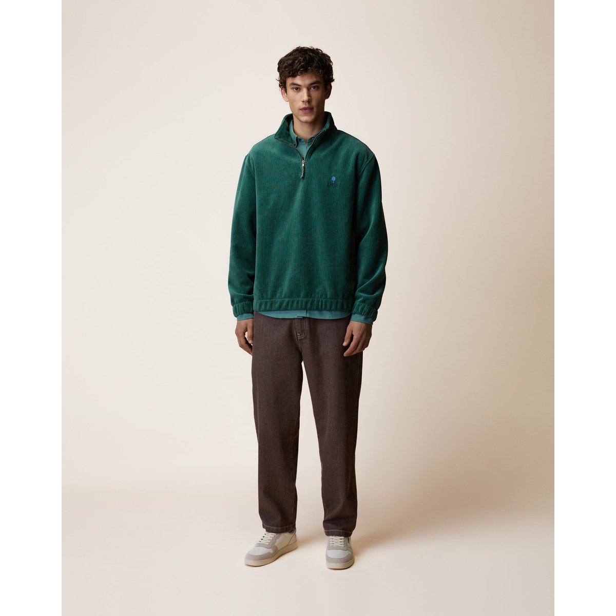 Sweat en maille aspect velours côtelé vert grisé, FAGUO