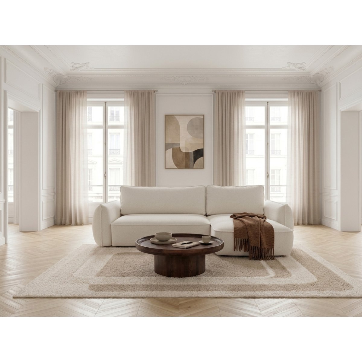 Canapé d'angle convertible 3 places en tissu chenille, ESMEE blanc, BOBOCHIC