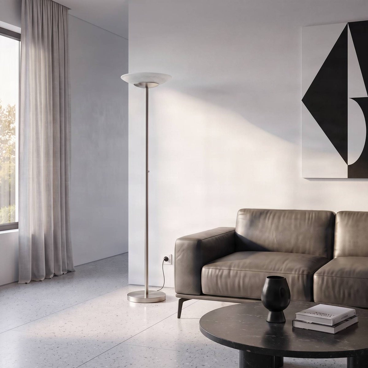 Lampadaire en verre moderneLED, Ragna blanc albâtre, nickel mat, LINDBY