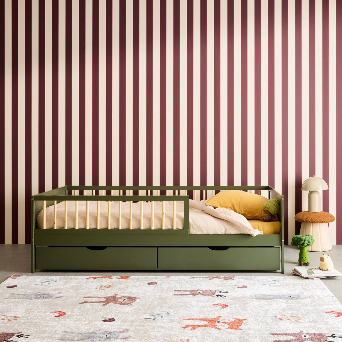 Lit enfant 90 x 190 cm pin naturel avec sommier à lattes et tiroirs ELIO blanc, SWEEEK