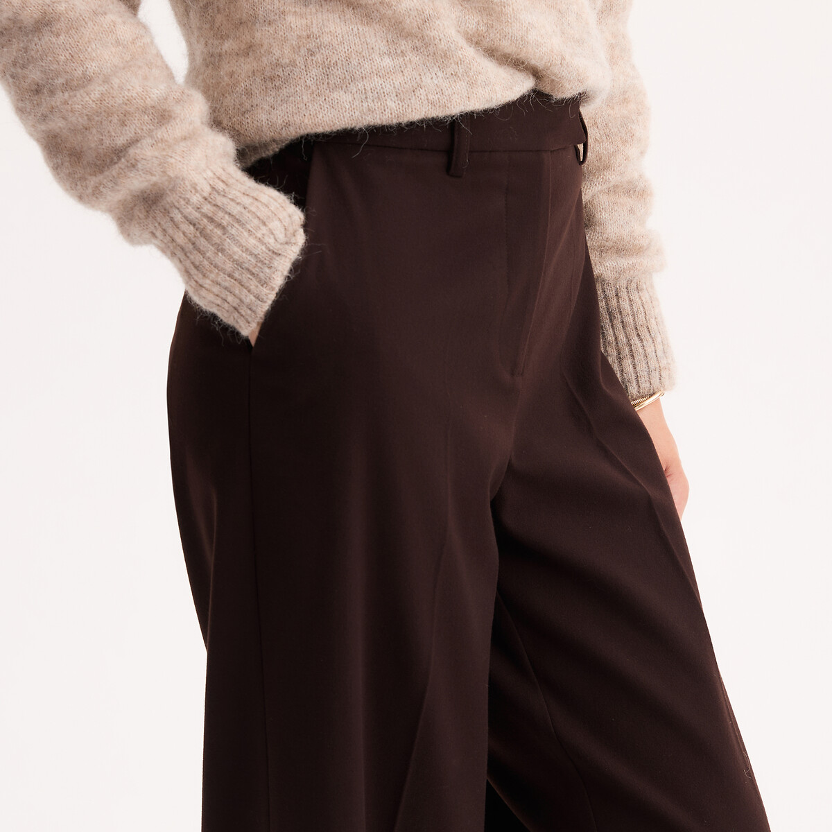 Pantalon large, effet flanelle, taille haute marron, ANNE WEYBURN