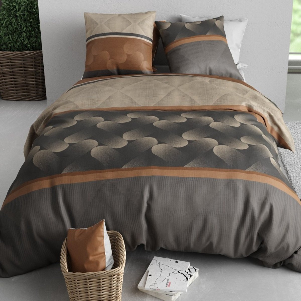 Housse de couette 240x220 JASPE + 2 taies coton 57 fils marron, DECORATIE