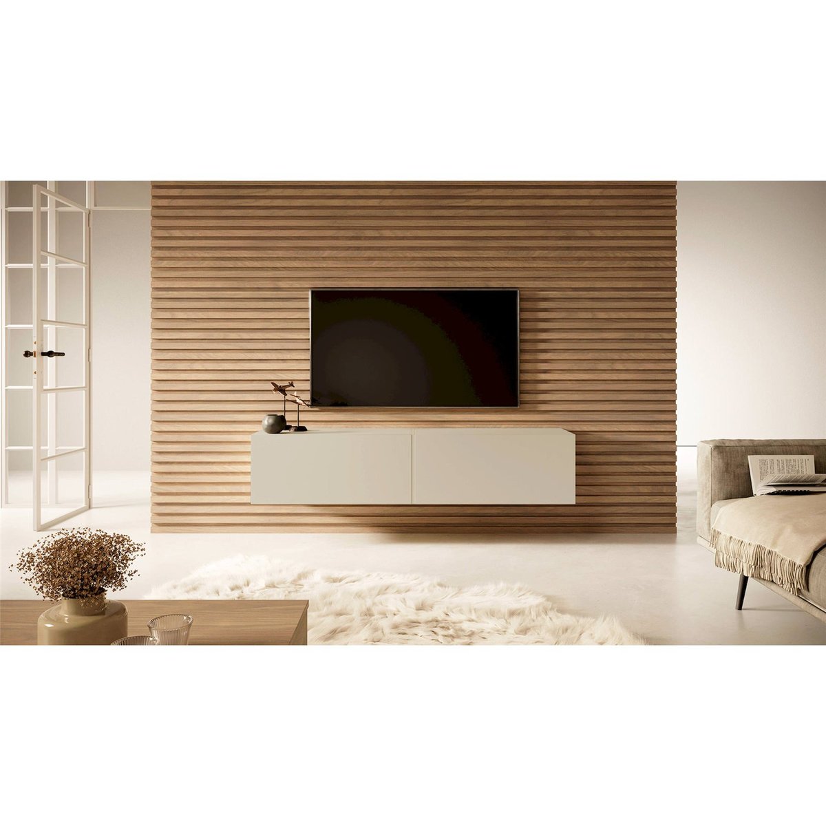 Meuble tv suspendu bois collection BISIRA cachemire, RECOLLECTION