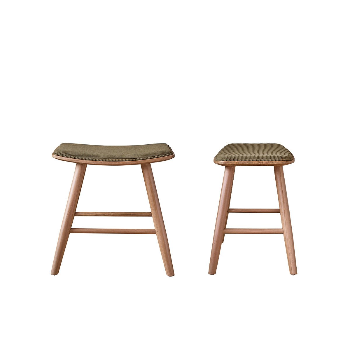Lot de 2 tabourets en teck massif et velours côtelé AMBRE kaki, BERAH GETAH