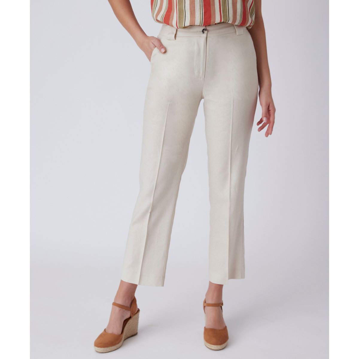 Pantalon 7/8ème mélange lin marron beige sable, DAMART