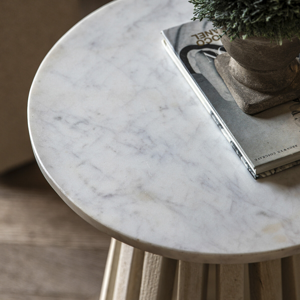 Savoy Round Slatted Wood & Marble Side Table natural/white, SO'HOME