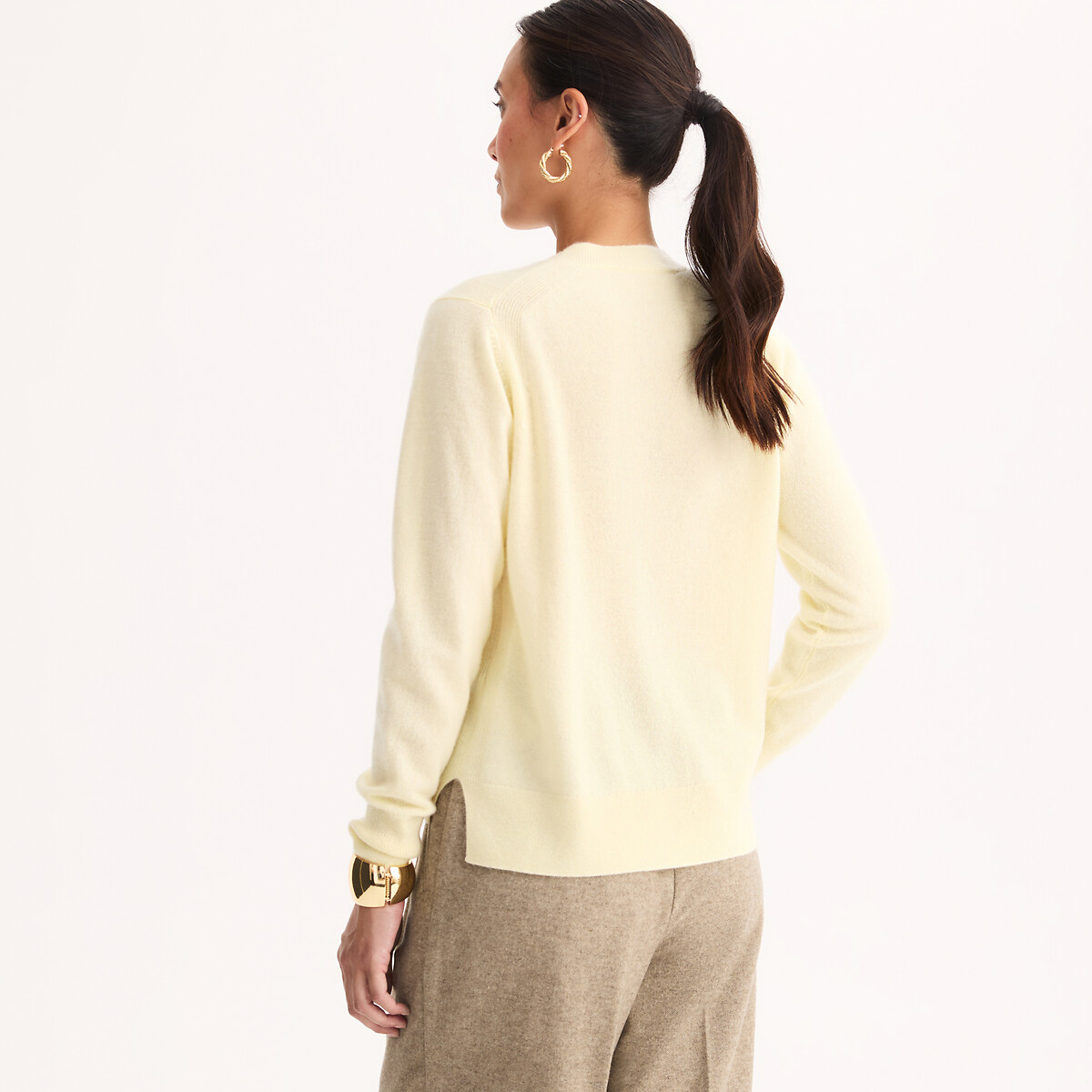 Pull col rond en cachemire, fine maille jaune pastel, ANNE WEYBURN