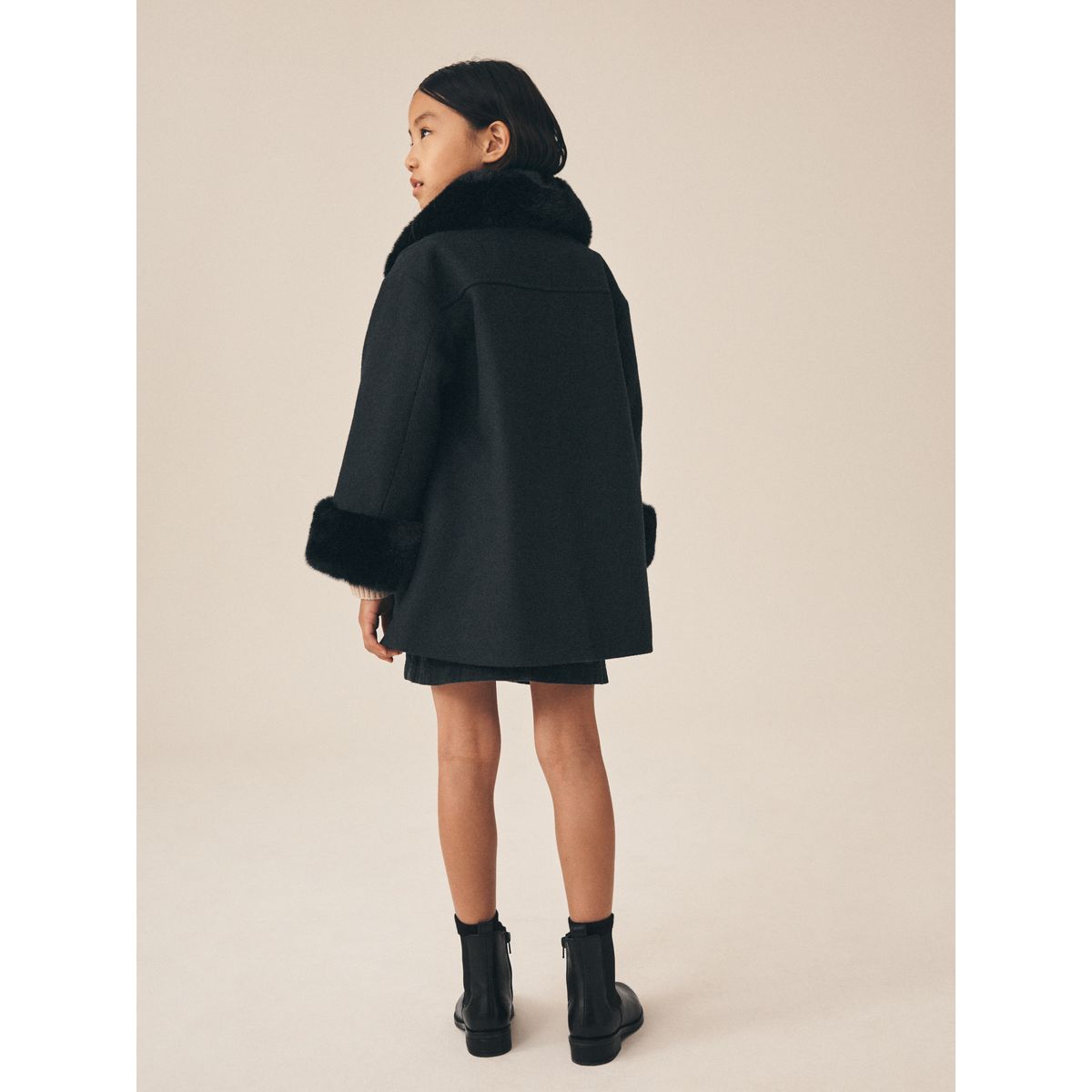 Manteau en laine bordée de imitation fourrure noir, NEXT
