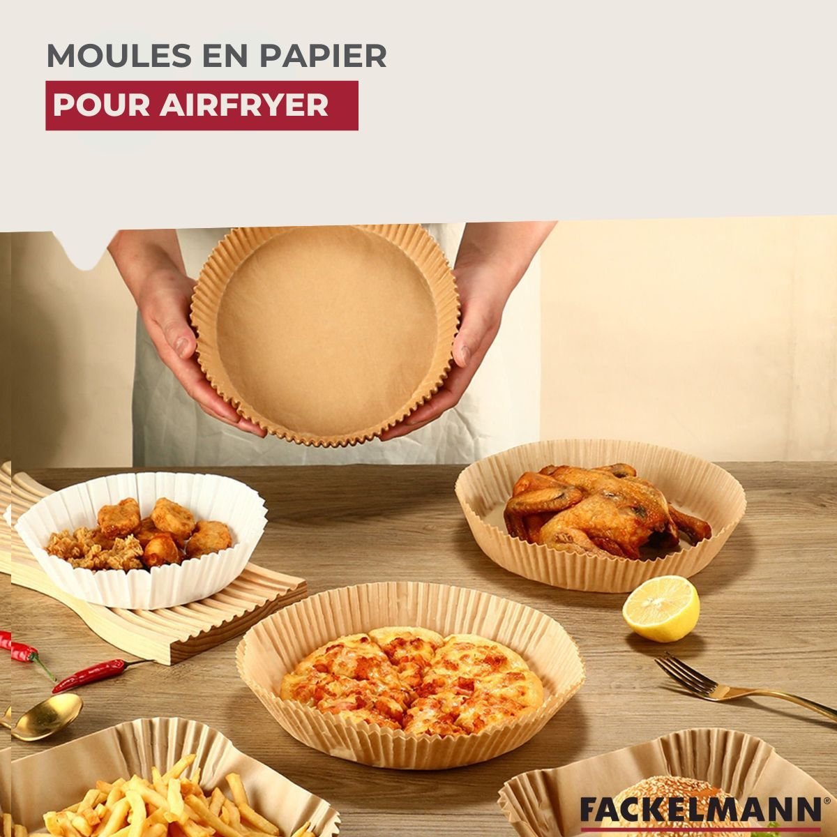 Ensemble de 100 Moules en papier air fryer carrés 20 cm Divers brun, FACKELMANN