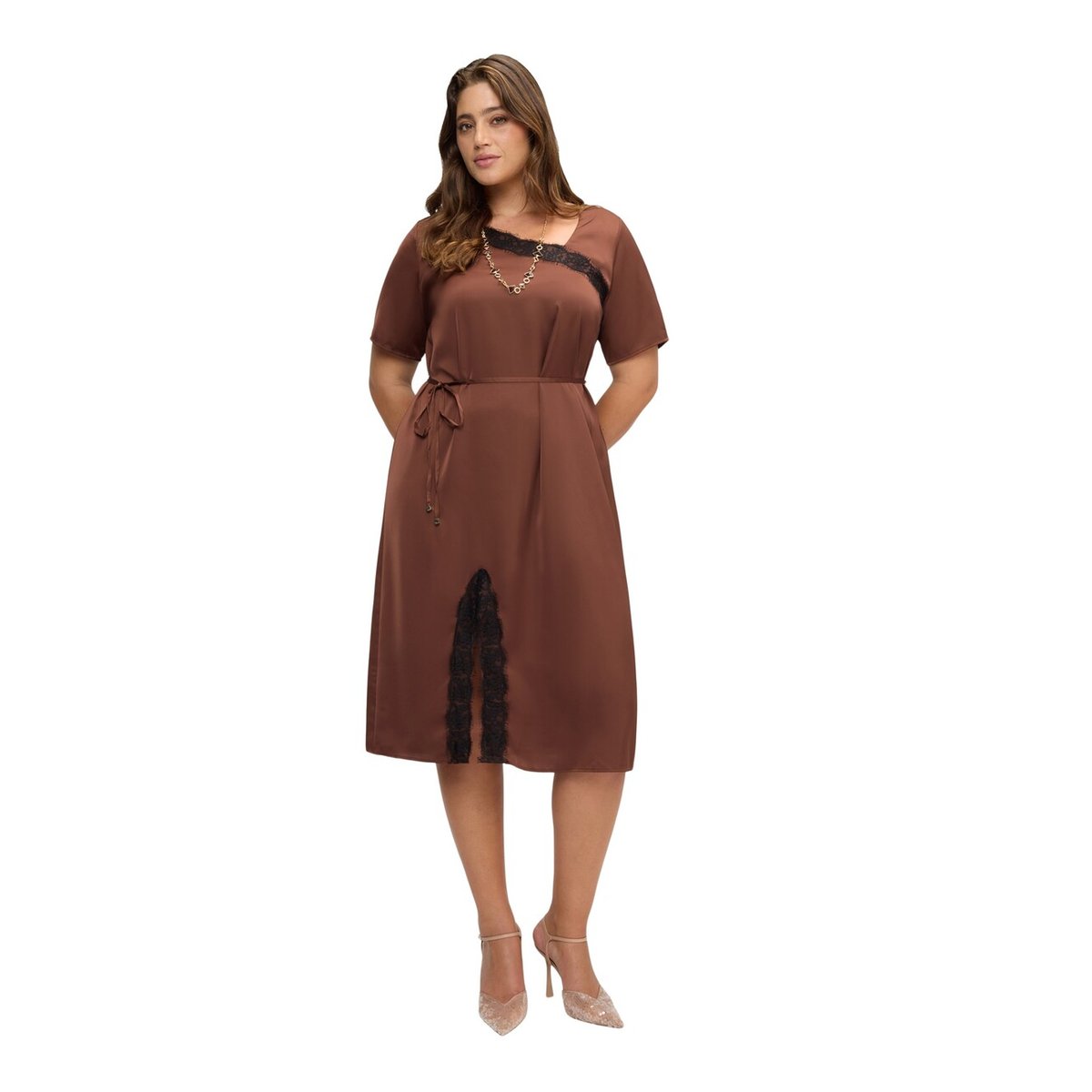 Robe avec détail en dentelle marron, FIORELLA RUBINO