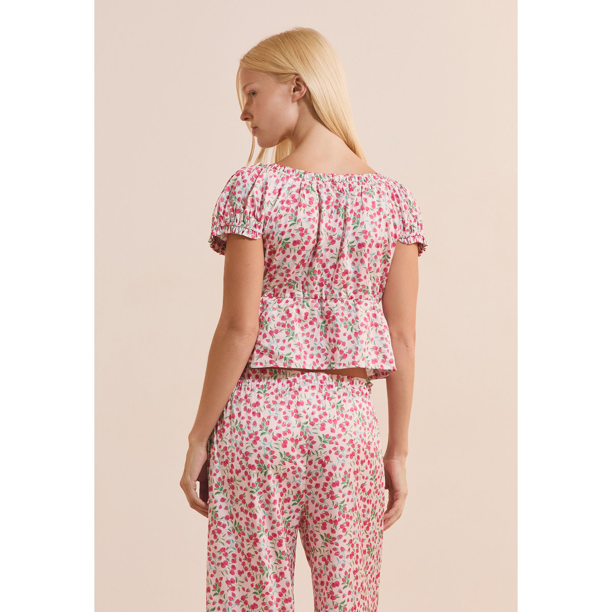 Top manches courtes à motifs satiné FEUILLINE imp fond rose, ETAM