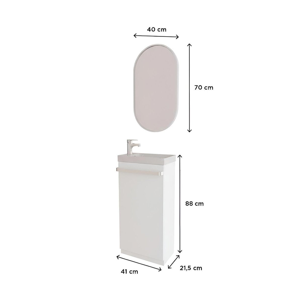Ensemble lave-mains sur pieds avec robinet et miroir JOHANN blanc satiné, MOB IN
