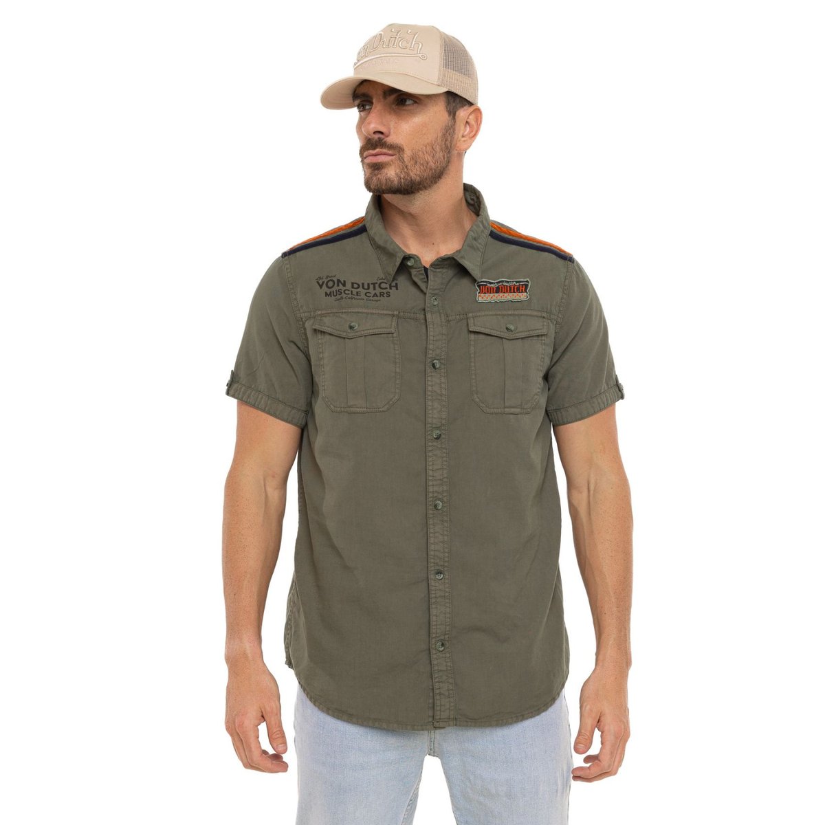 Chemise en coton BOX kaki/orange/bleu/noir, VON DUTCH